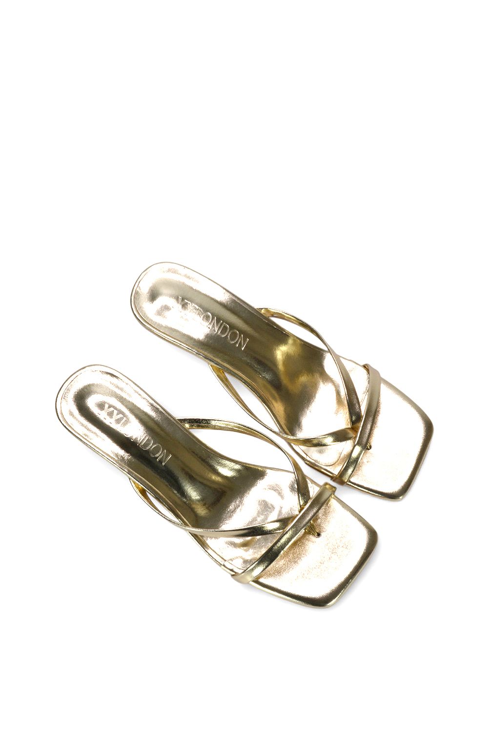 XY London Women's 'Tiana' Kitten Heel Sandal Mules w/ Toe Post in Metallic Gold