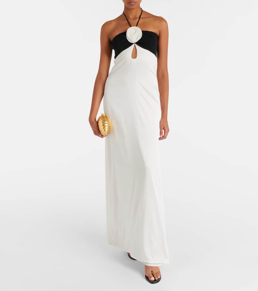 Floral-appliqué silk-blend maxi dress