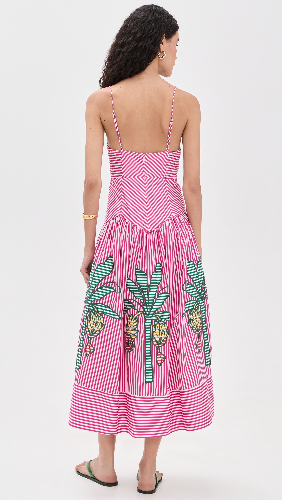 Palm Tree Cutwork Stripes Midi Dress Multi