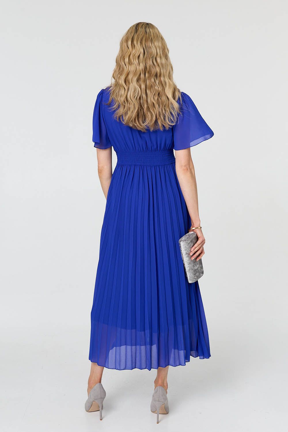 Izabel London Pleated Semi Sheer Layered Maxi Dress In Blue