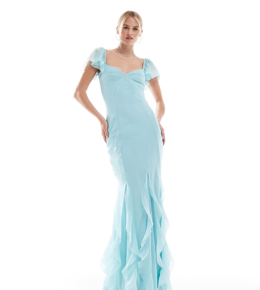 ASOS DESIGN Tall flutter sleeve maxi dress with ruffle godets in blue
