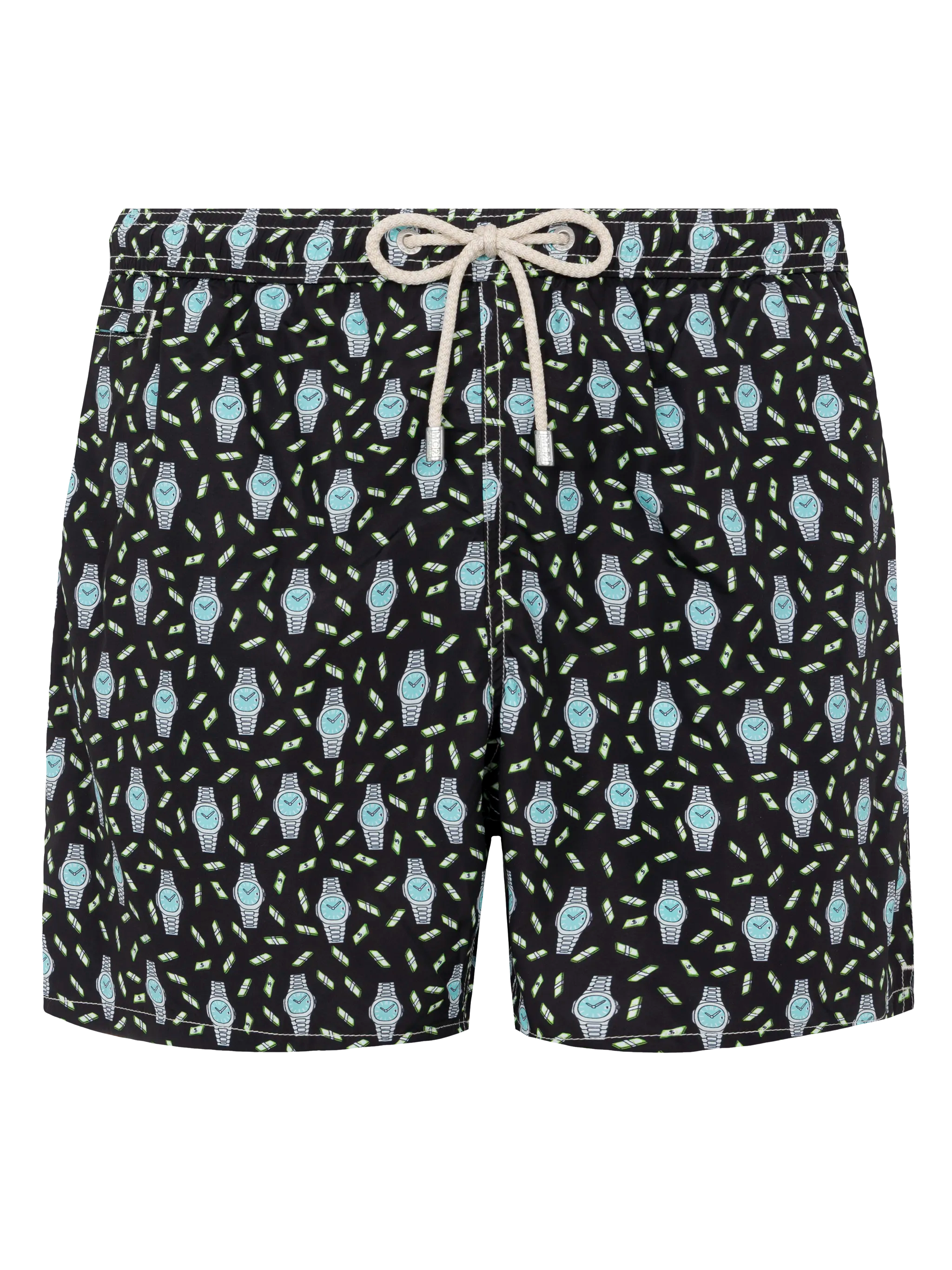 Lightweight Fabric Swim Shorts Lighting With Watch Print Black Swimshort - Men