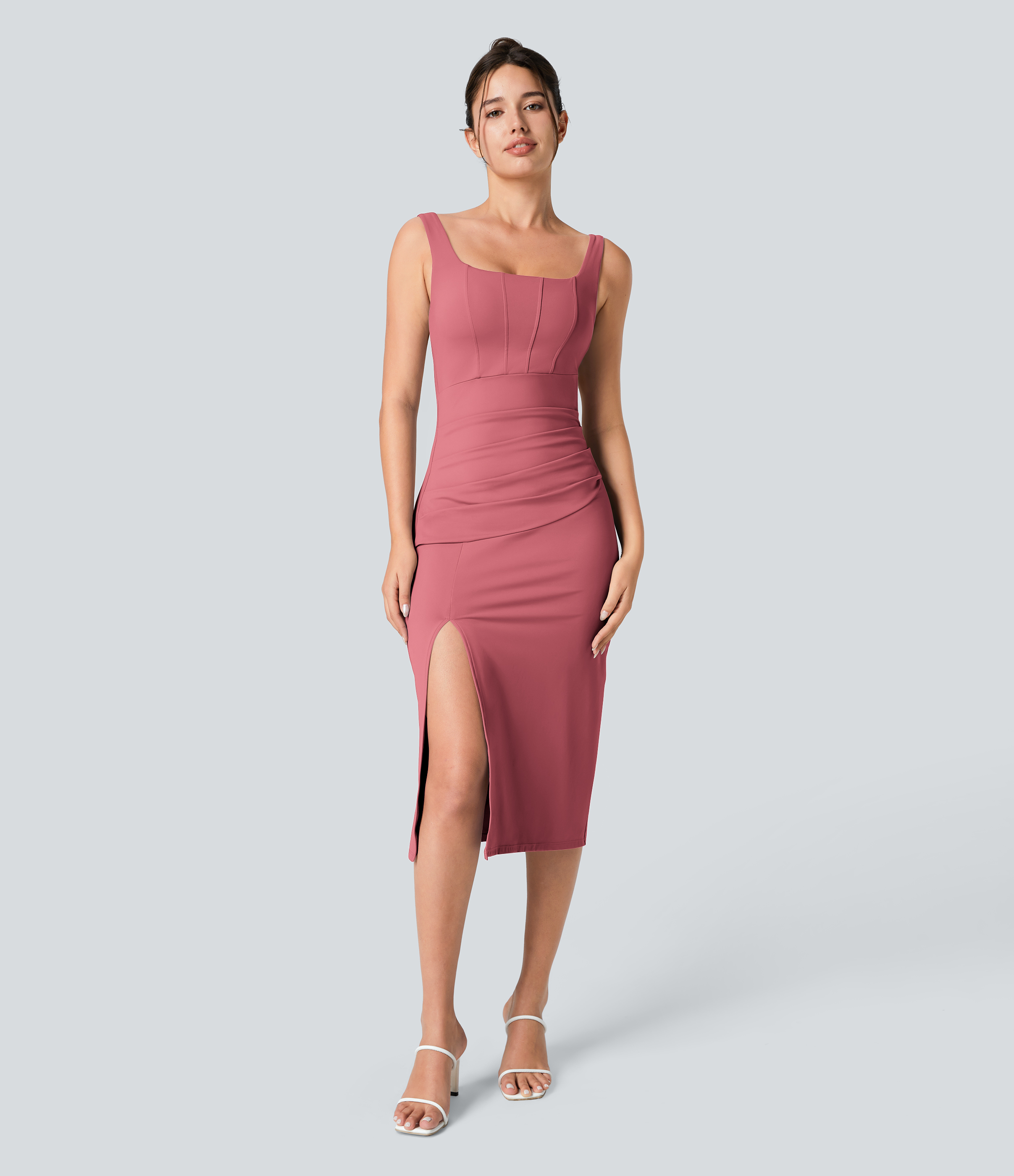 Softlyzero™ Airy Square Neck Backless Corset Ruched Split Bodycon Midi Cool Touch Bridesmaid and Wedding Guest Dress Casual Dress - Begonia Rouge