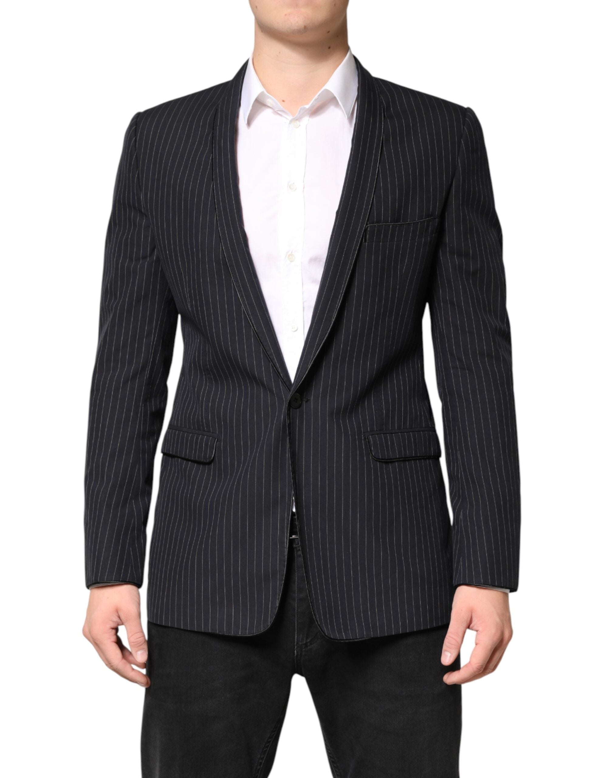 Pinstriped Single-Button Blazer — Black