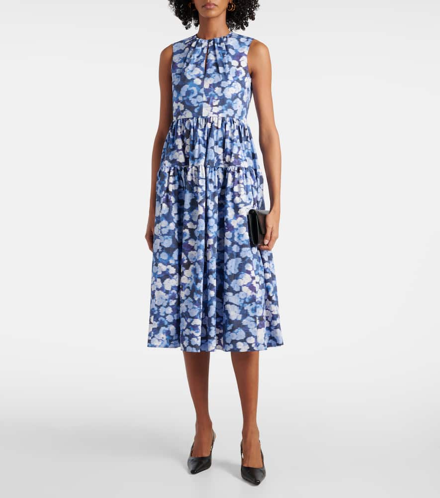 Floral-appliqué ruffled cotton cocktail dress