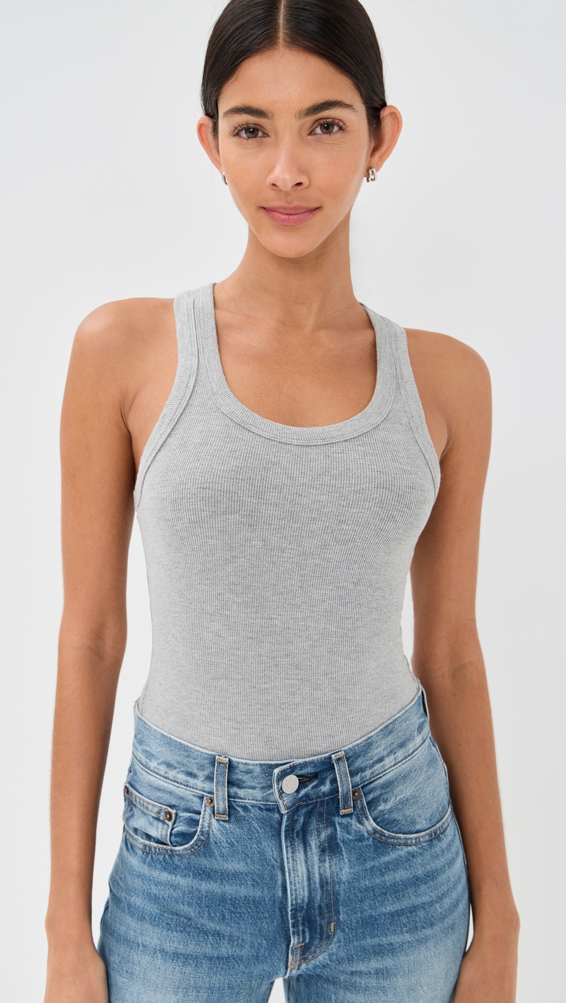 Rib Fitted Scoop Tank Heathered Grey