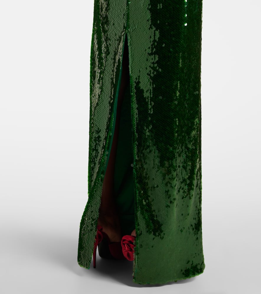Floral-appliqué sequined halterneck gown