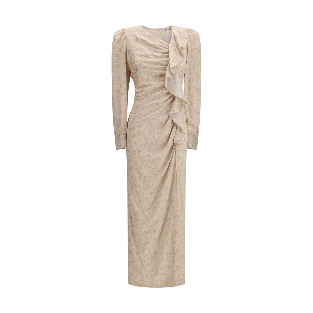 Floral Silk Draped Dress — Beige