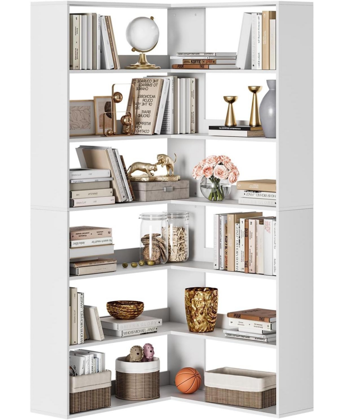 "70.9"" 6-Tier L-Shaped Corner Bookshelf with Baffles, Tall Storage and Display Rack - White"