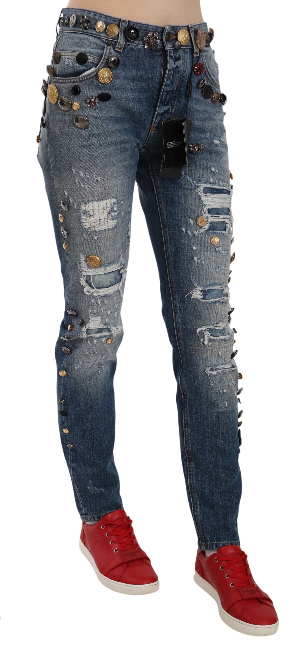 Distressed Embellished Buttons Jeans — Blue