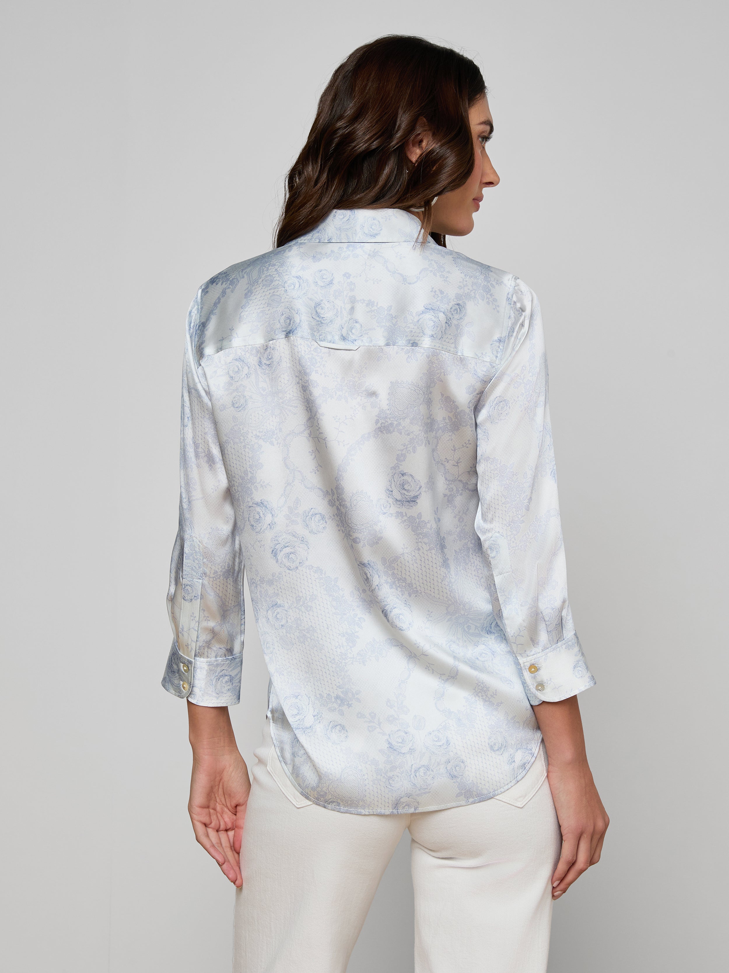 Dani Silk Blouse Top In Ivory/pale Mist Blue Lace Print