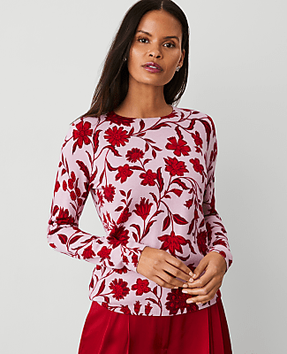 Ann Taylor Petite Floral Crew Neck Sweater