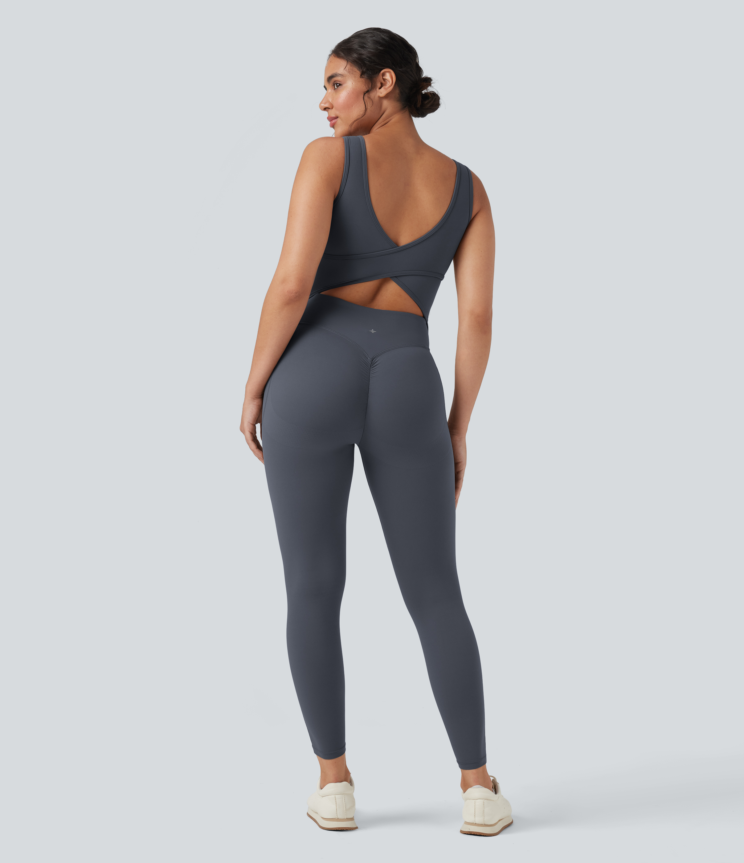 UltraSculpt™ V Neck Tummy Control Butt Lifting Workout Jumpsuit with Pockets Workout Dress - Silent Blue