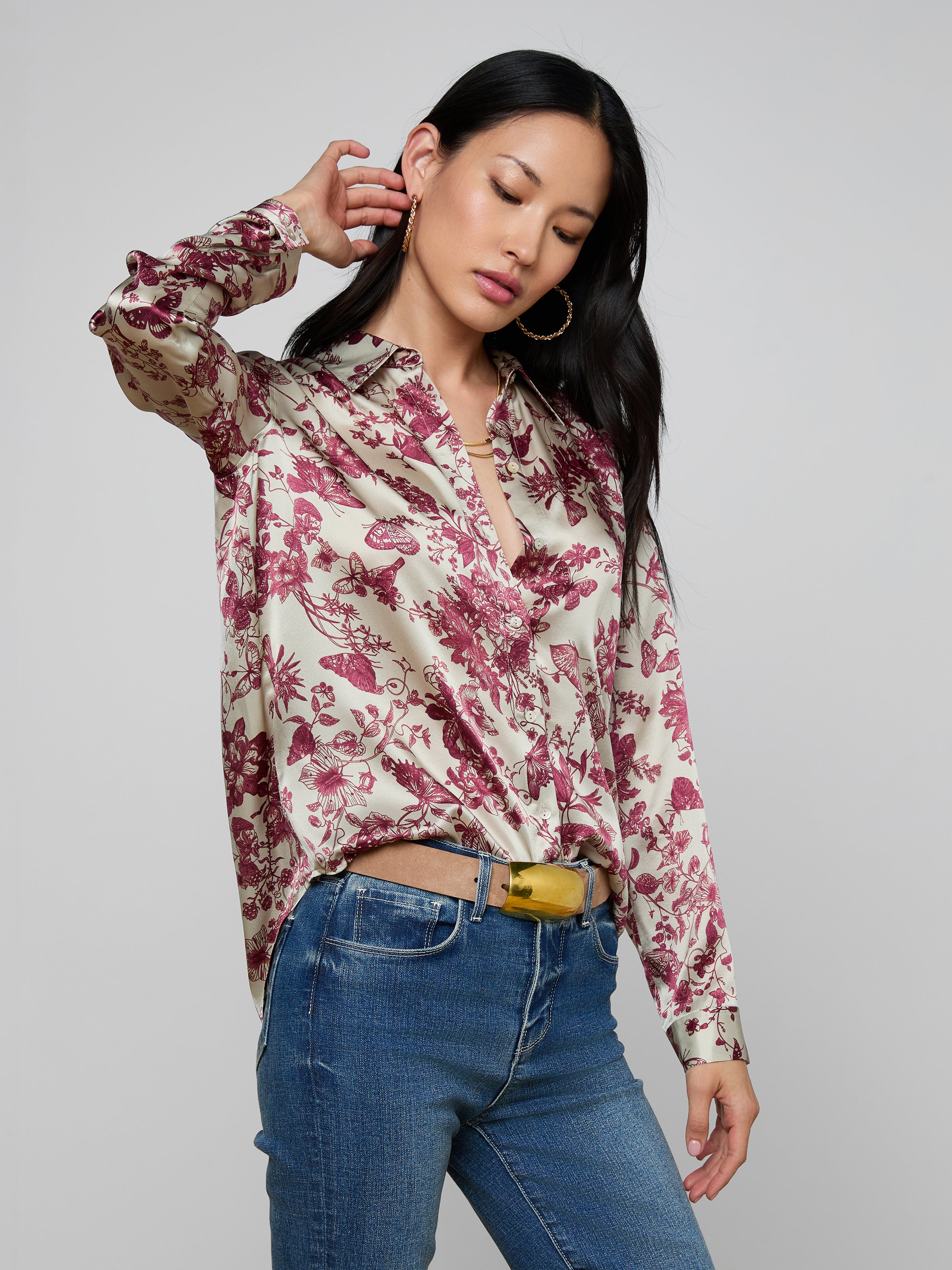 Tyler Silk Blouse Top In Tan/truffle Butterfly Toile