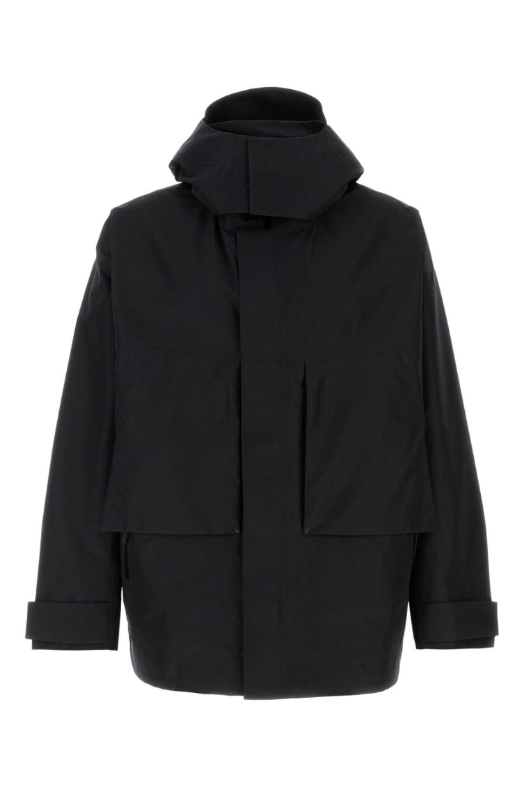 Short Black Waterproof Jacket For Men In Polyester With Hood