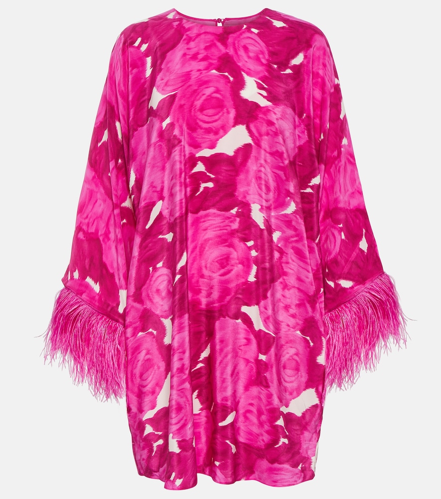 Floral feather-trimmed silk minidress