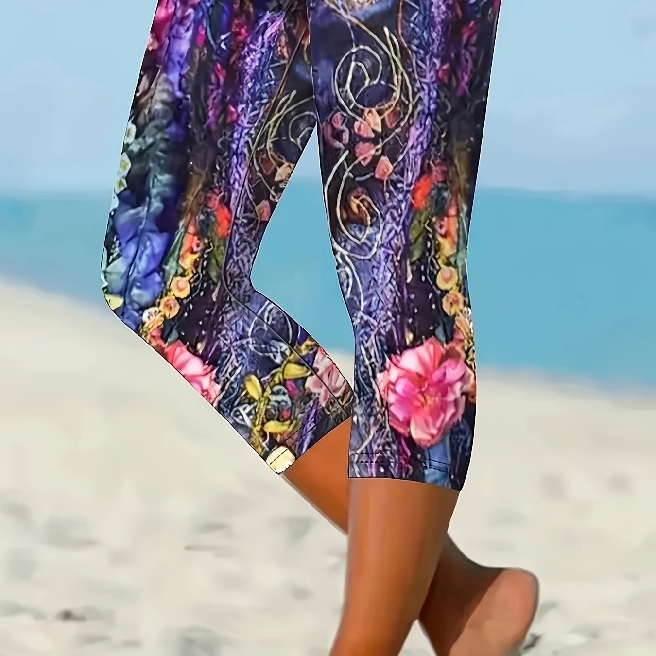 TEMU Women's Mid-length Capri Leggings - Vibrant Floral Print Yoga Pants, Stretchy Machine-washable Fabric For Spring Summer Fall, Beach Vacation