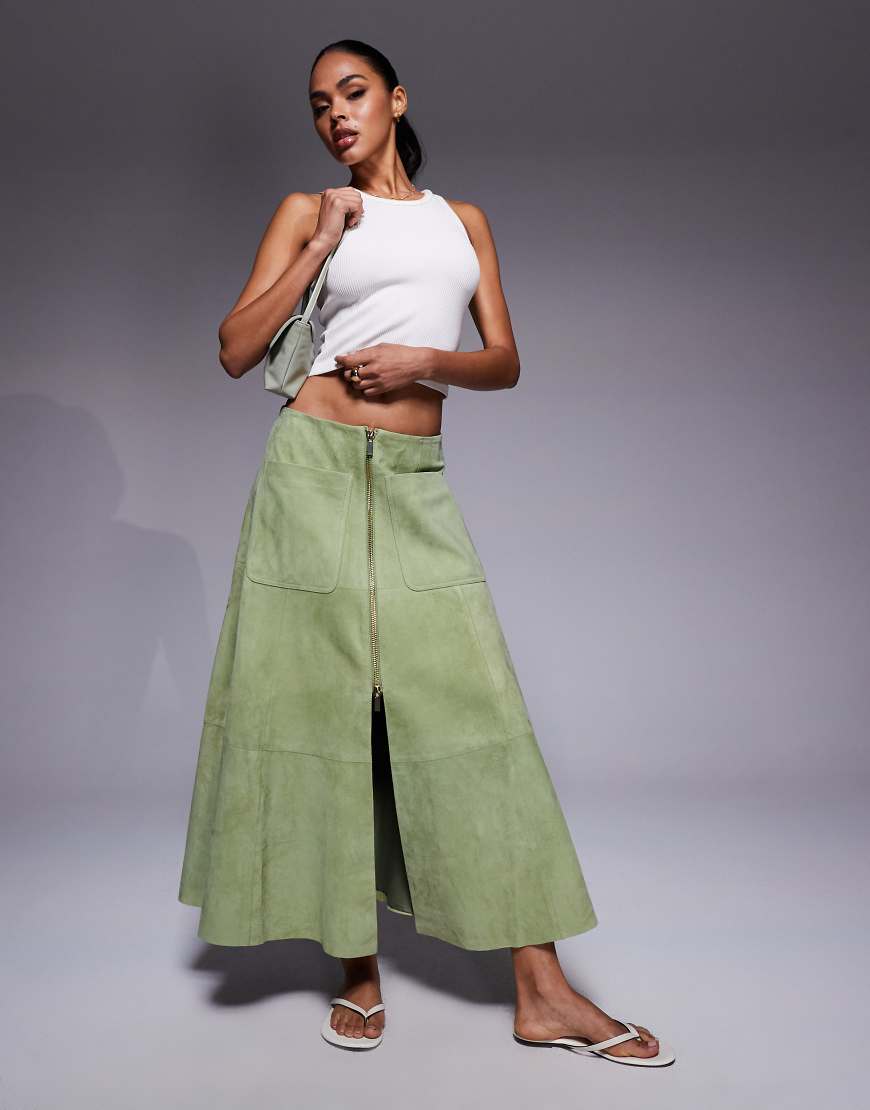 Real suede zip front midi skirt in green