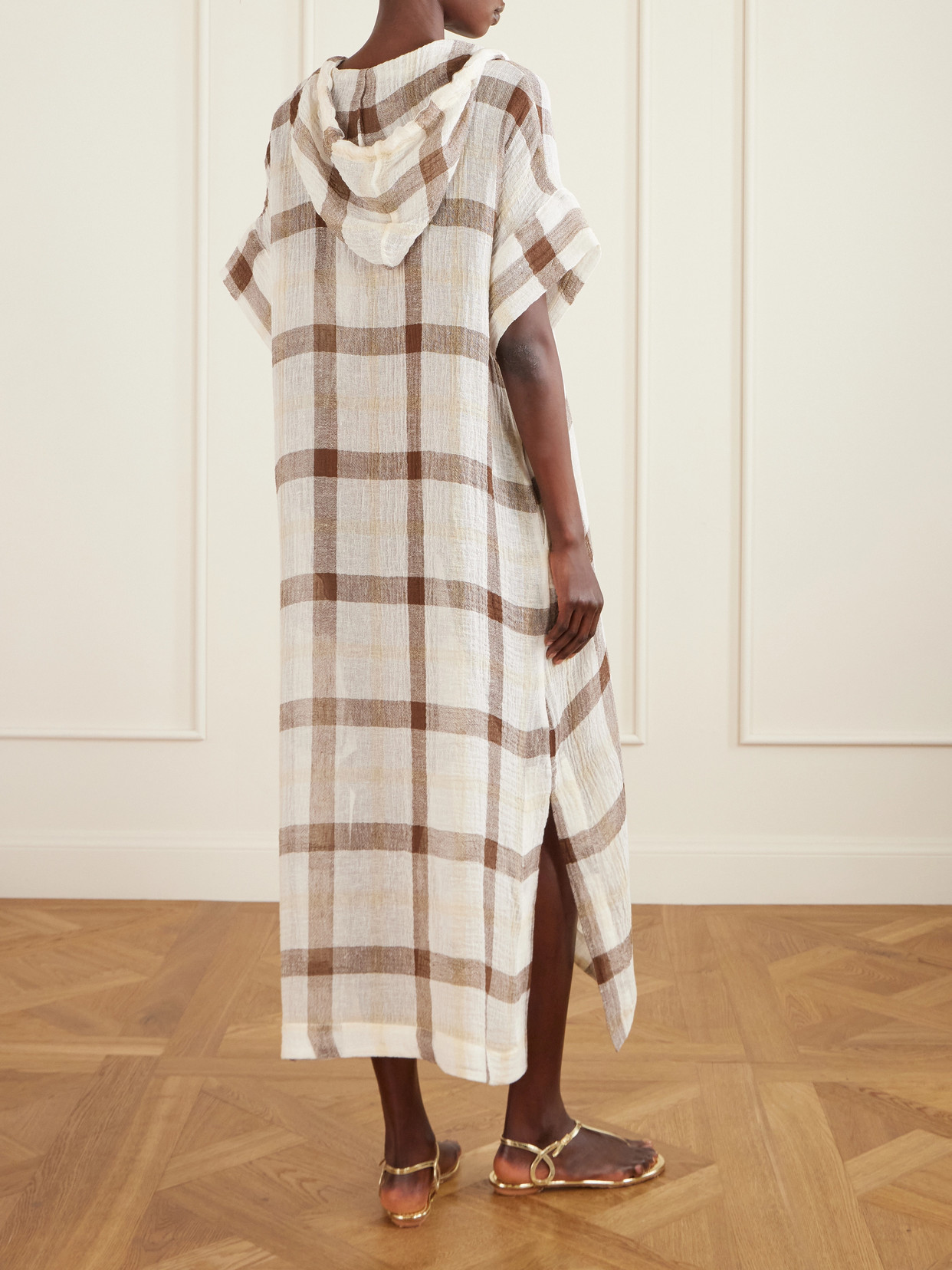Hooded Checked Linen-blend Crepon Kaftan - Multi