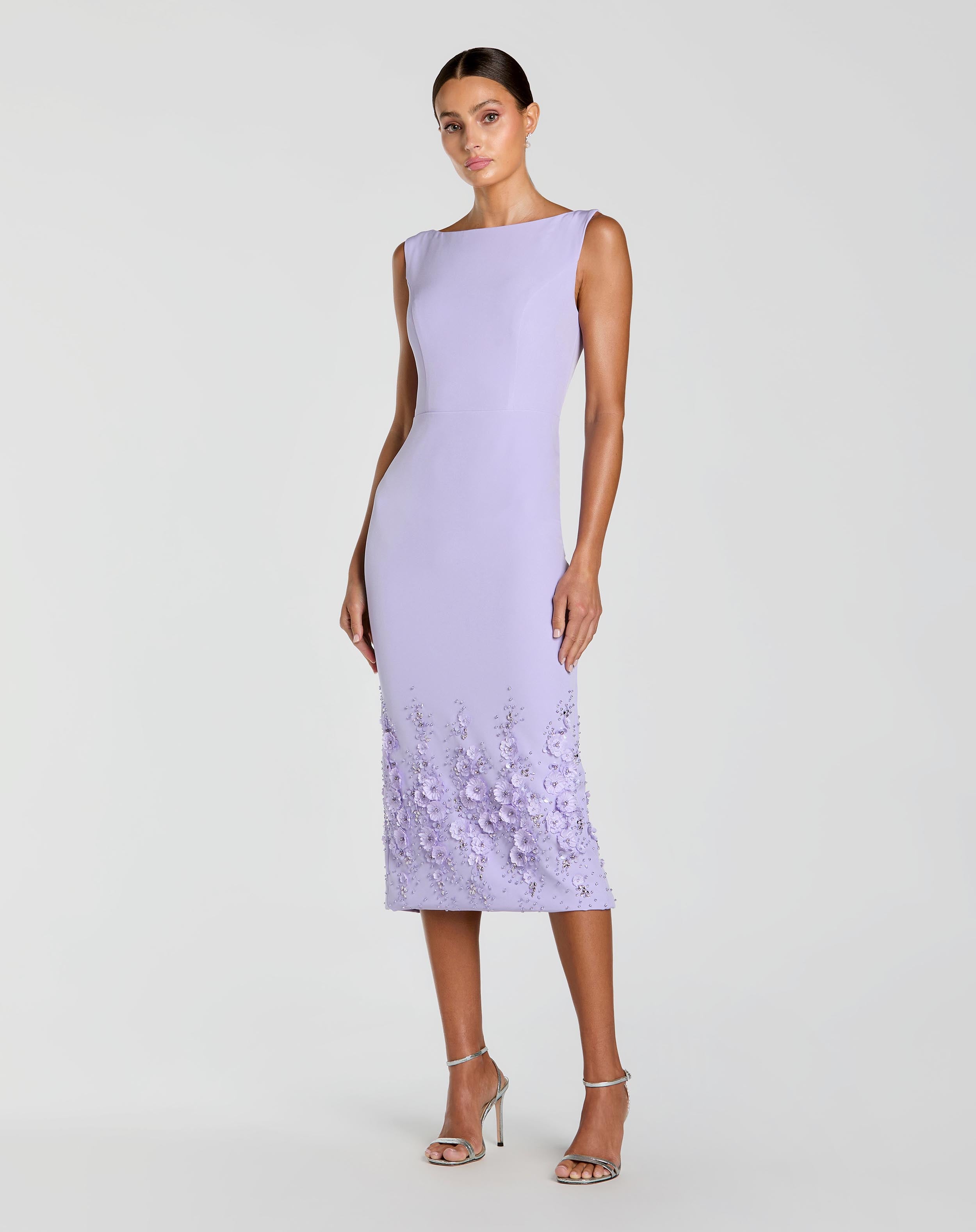 Purple Crepe Sleeveless Midi Dress With Flower Beading