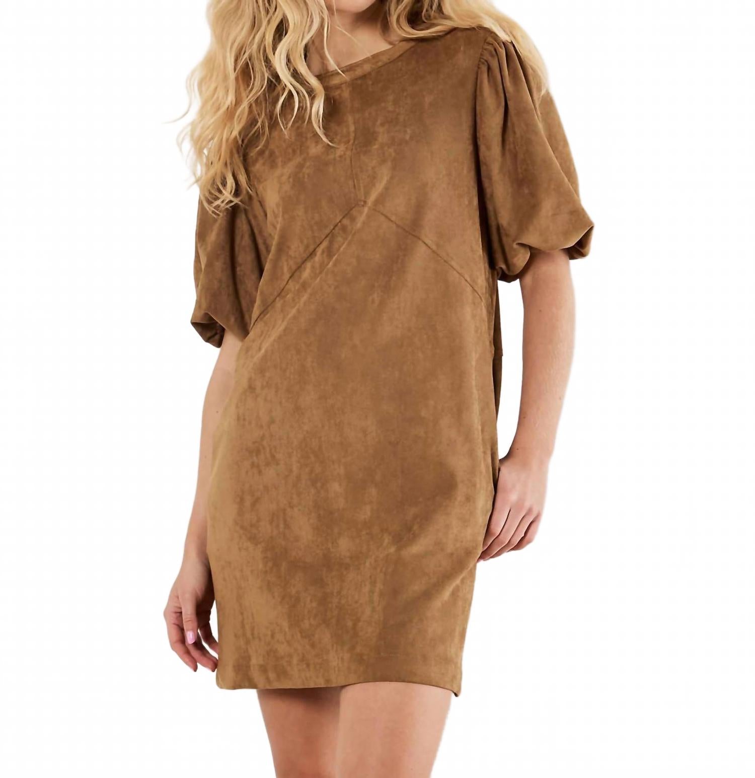 Suede Mini Puff Sleeve Dress In Brown