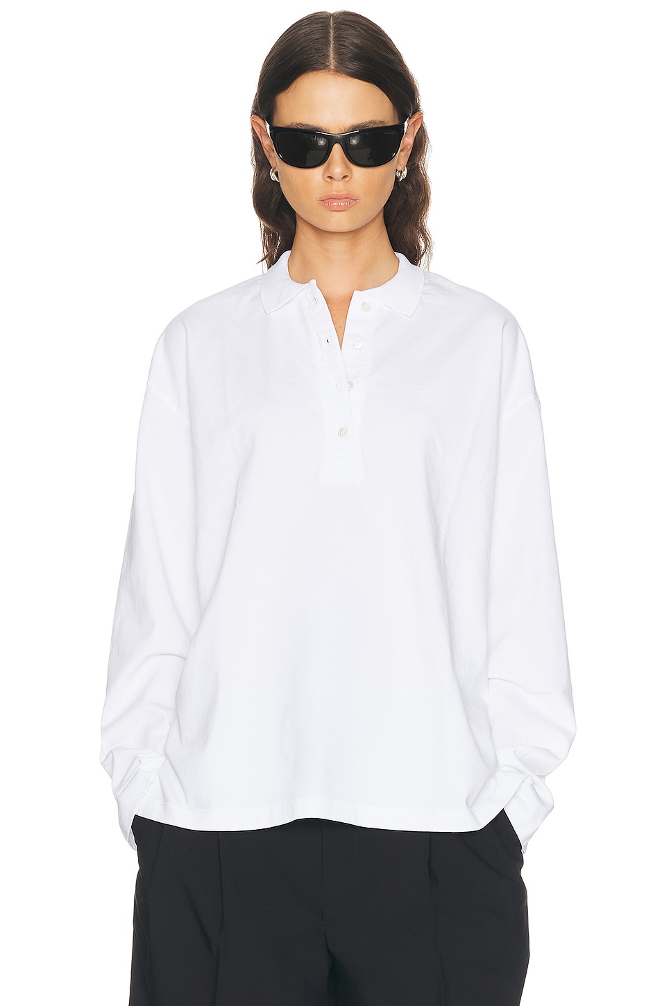 SPRWMN Long Sleeve Oversized Polo Tee in White - White. M also in L