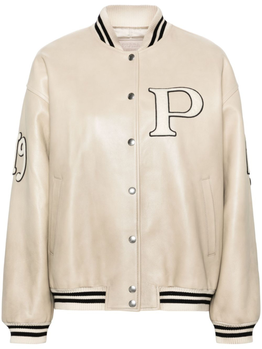 Ivory Leather Bomber Jacket