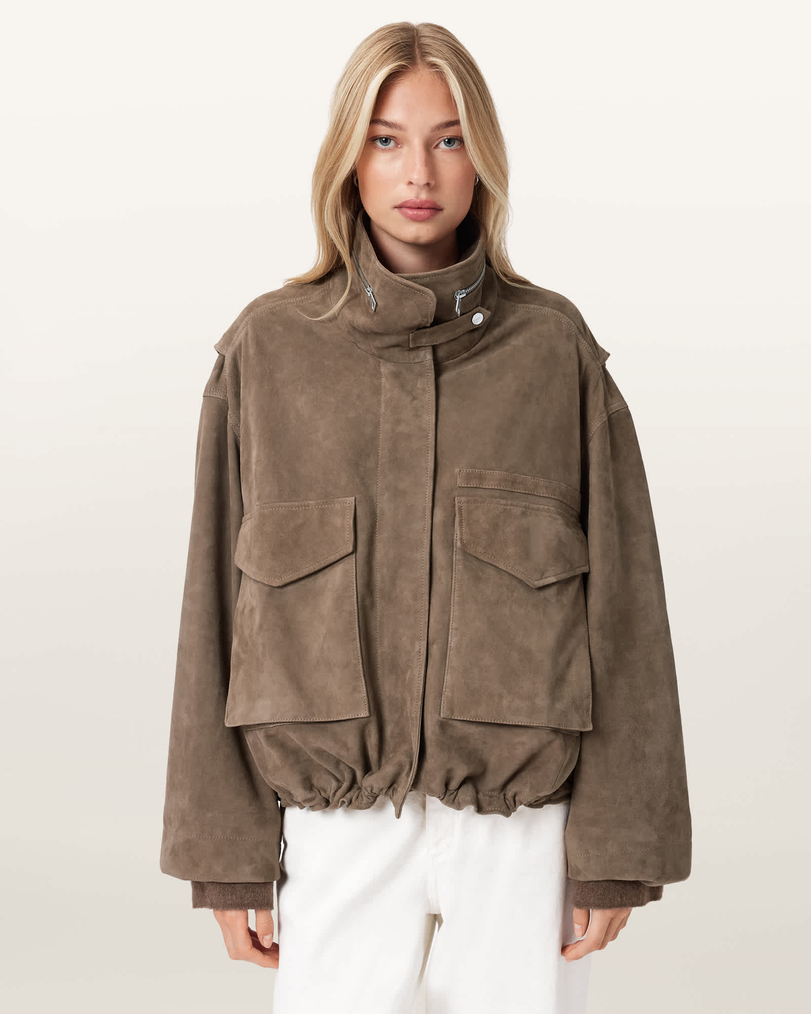 Clay Funnel Neck Suede Cropped Jacket