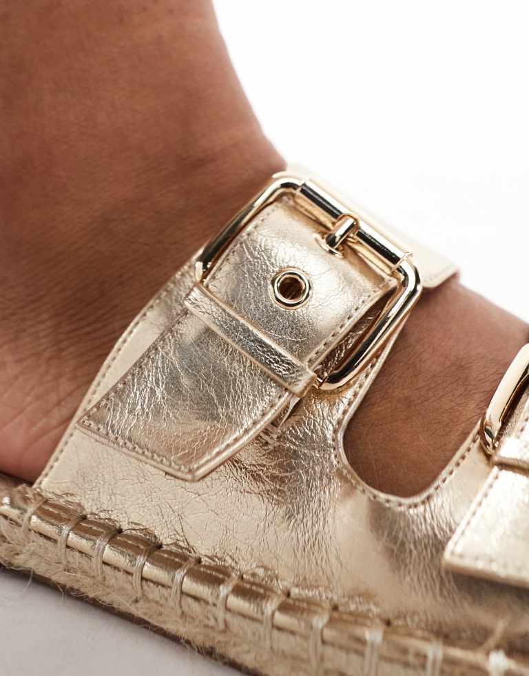 ASOS DESIGN Womens Wide Fit Jada double buckle espadrille mules in gold metallic