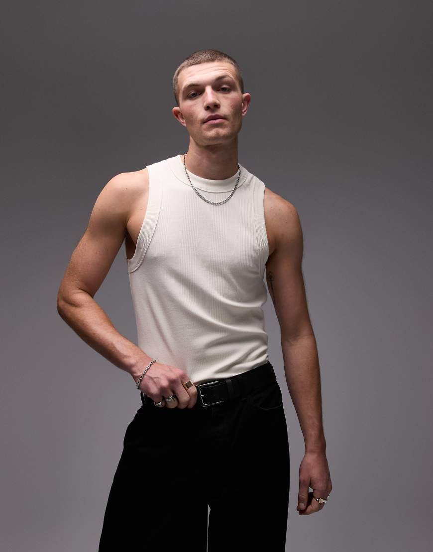 High neck stripe rib vest in ecru-White