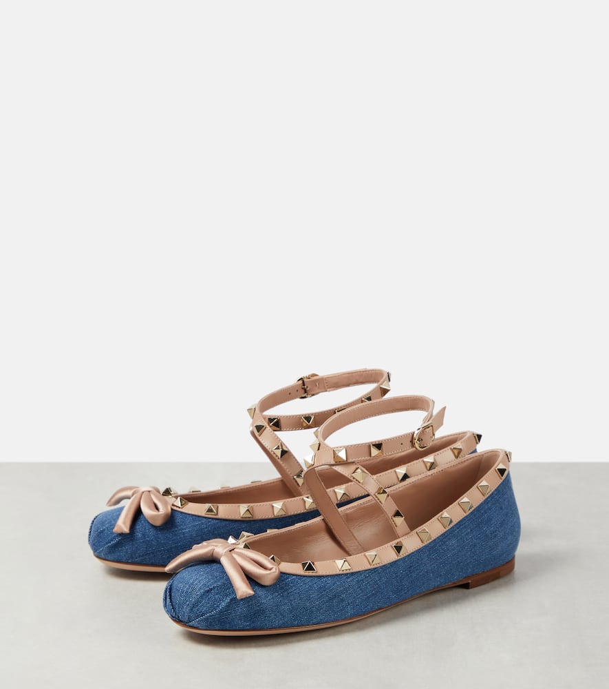 Rockstud leather-trimmed denim ballet flats
