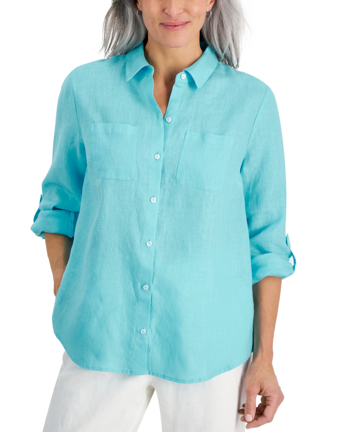 Petite 100% Linen Button-Front Shirt, Created for Macy's - Light Pool Blue