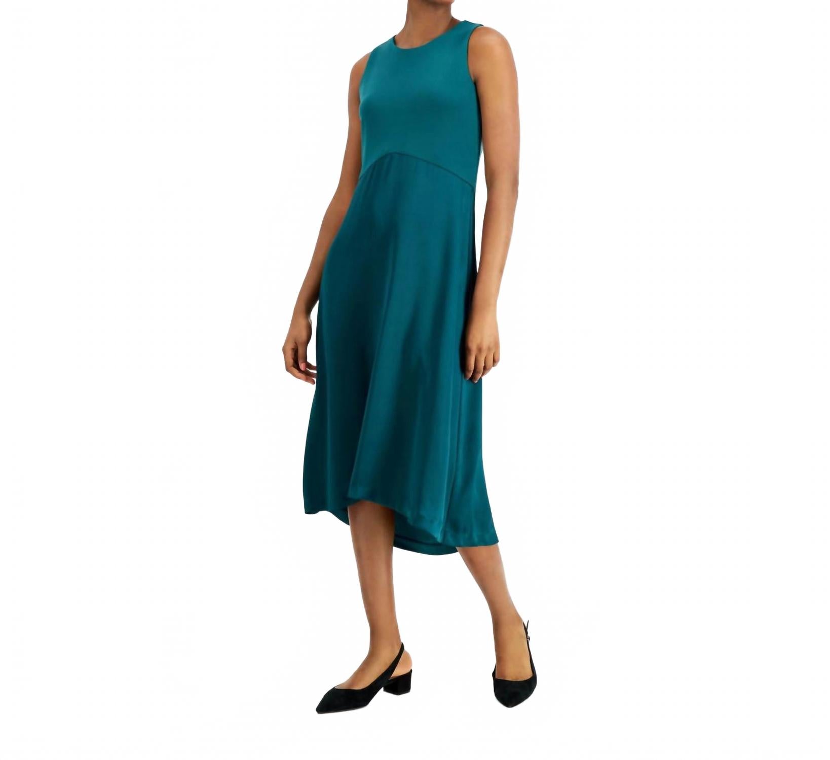 Fitted Flare Asymmetrical Dress In Emerald Safari