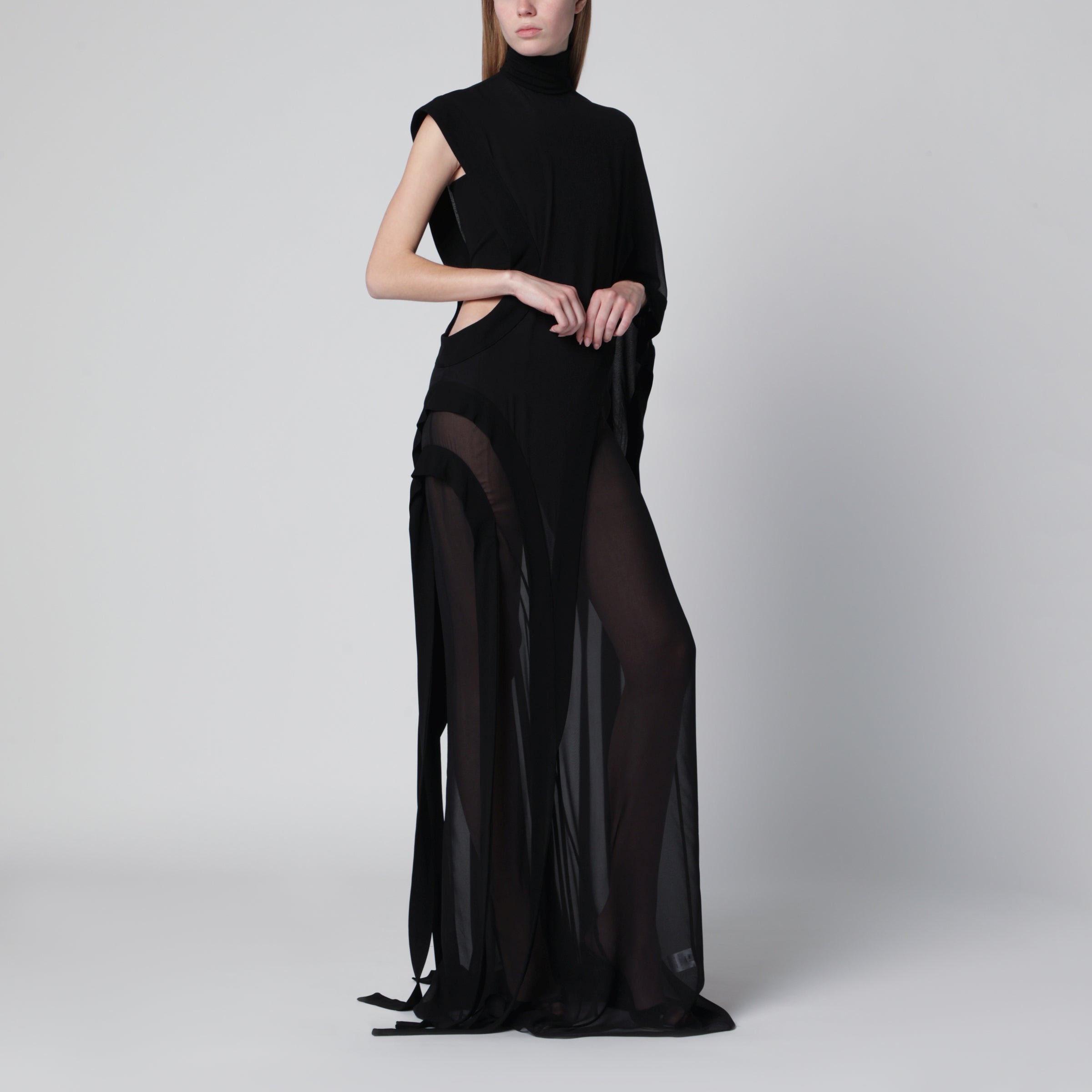 Long black one-shoulder silk dress