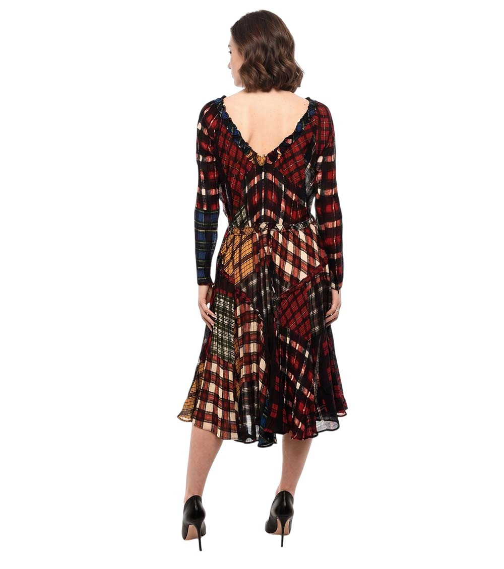 Multicolor Plaid Round Neck Midi Dress
