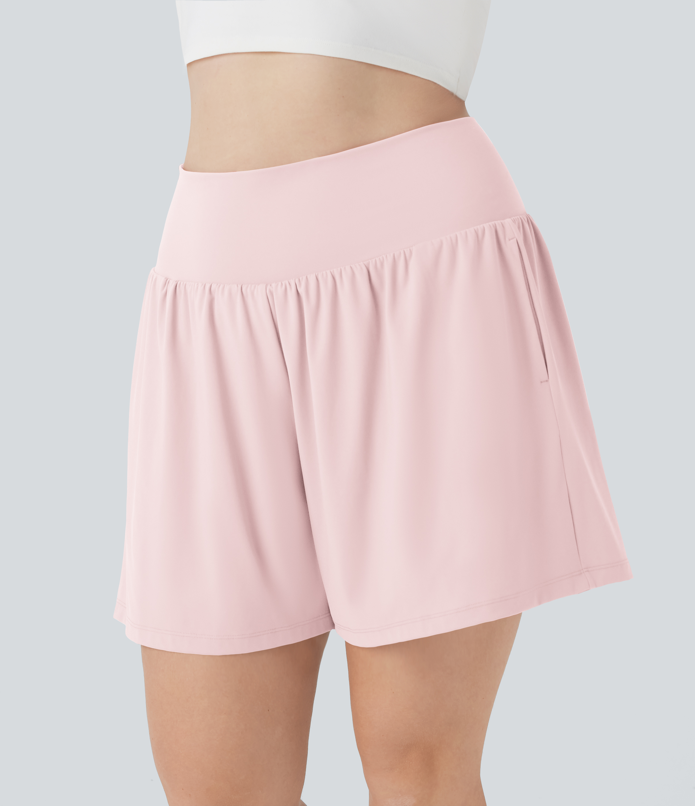 "SoftlyZero™ Airy Super High Waisted 2-in-1 Cool Touch Yoga Plus Size Shorts 7"" with Pockets Gym Short - Primrose Pink