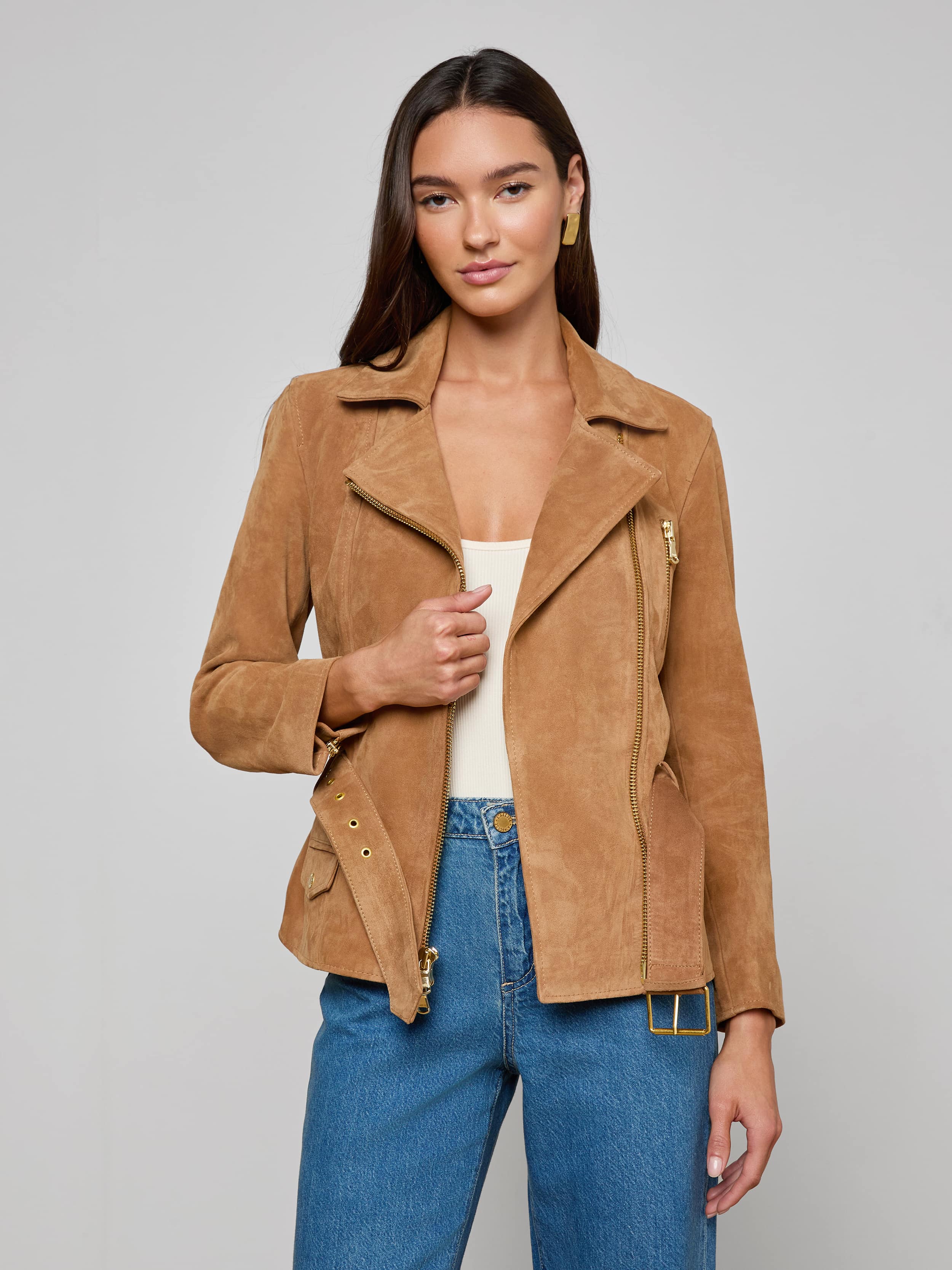 Dinah Suede Biker Jacket In Dark Chai Latte