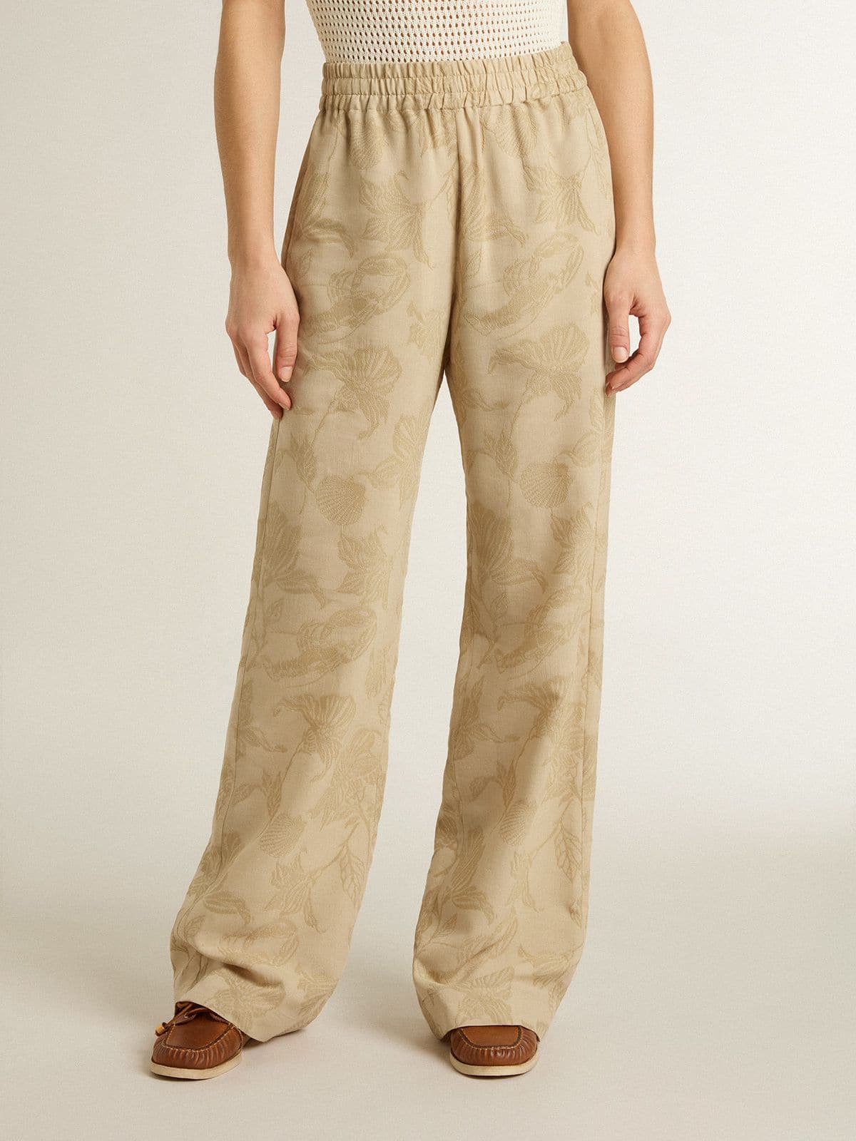 Golden Goose - Women's Pajama Pants In Beige Jacquard With Floral Pattern, Woman