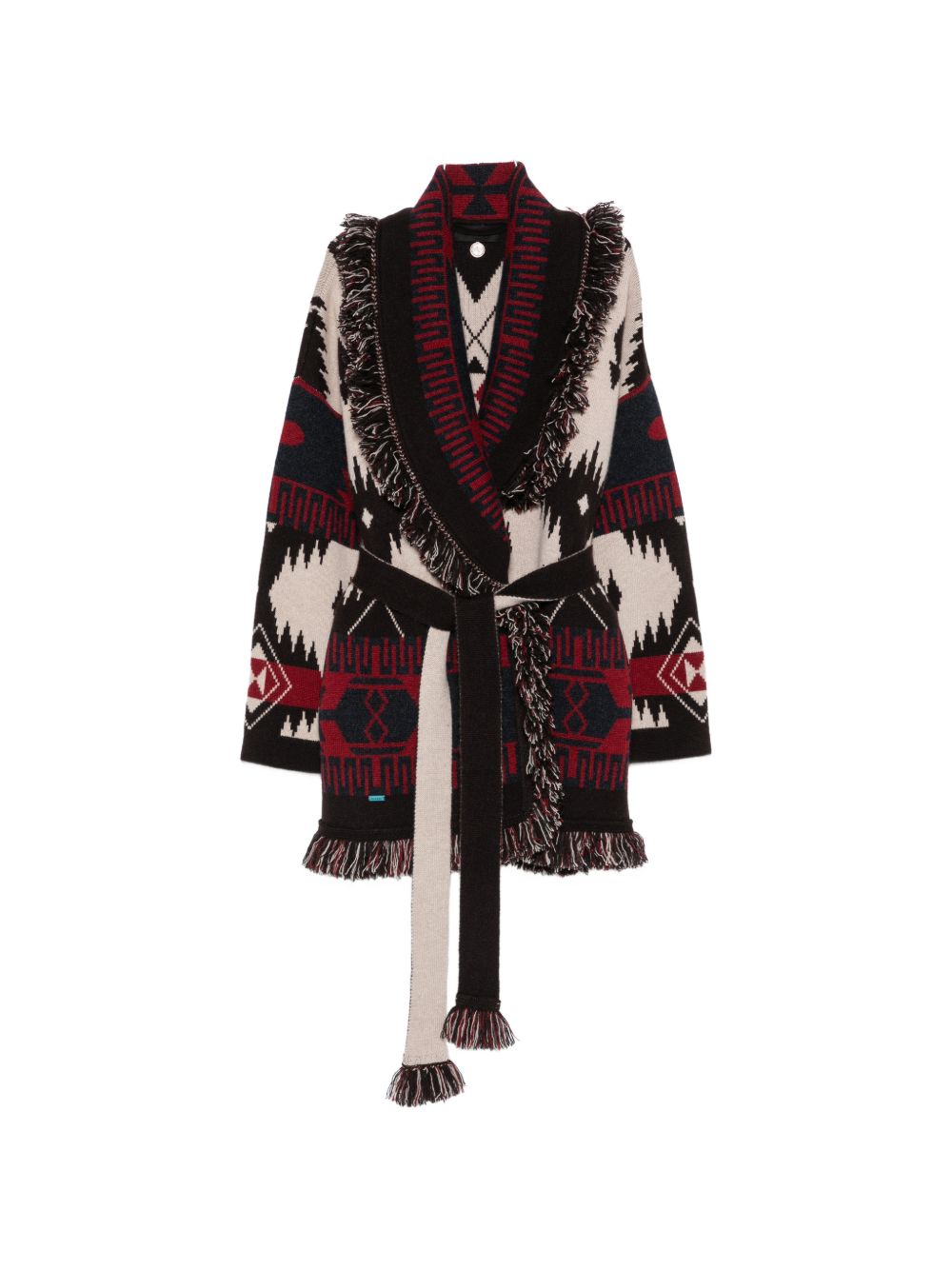 Cashmere Icon Jacquard with Fringe Trim Cardigan — Red