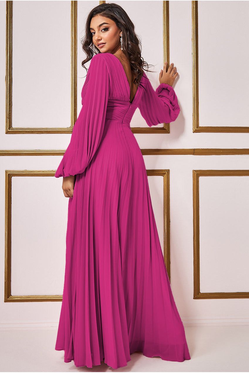 Goddiva Women's Balloon Sleeve Chiffon Maxi Dress in Magenta