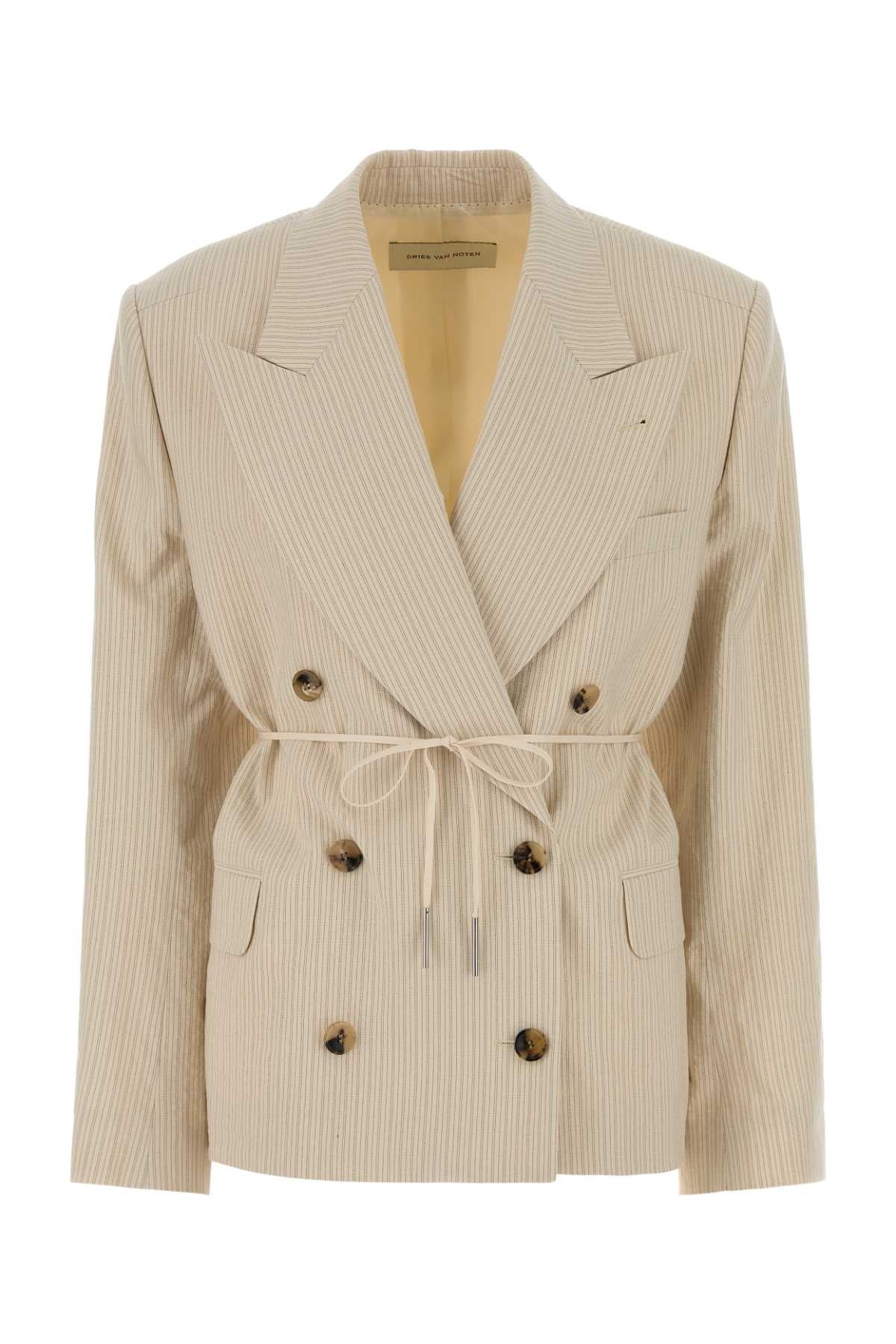 Double-Breasted Pinstriped Blazer — Beige