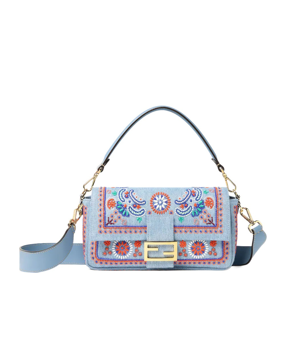 Baguette Light blue denim bag with multicolor embroidery
