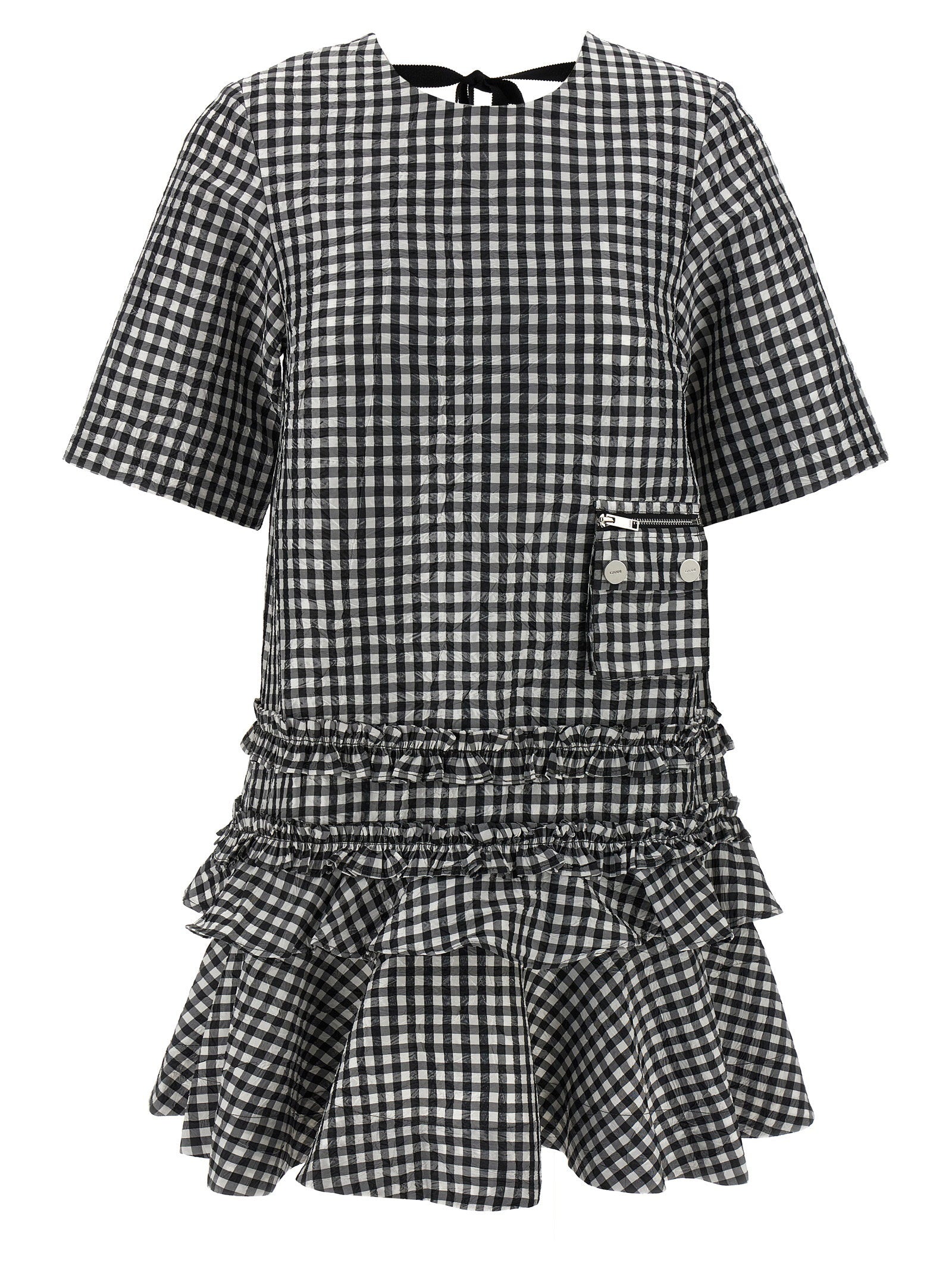 Crinkled Vichy Check Dress — Black