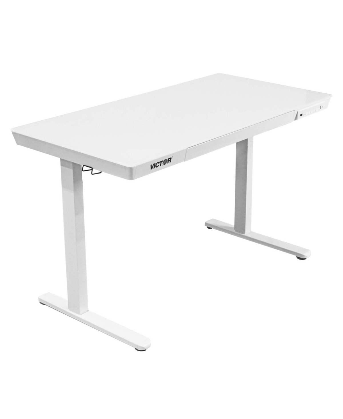 Hi Rise Standing Desk with Drawer, White Glass Top, 48x24" Desk, Electric Powered Height Adjustment with Two Usb Charging Ports