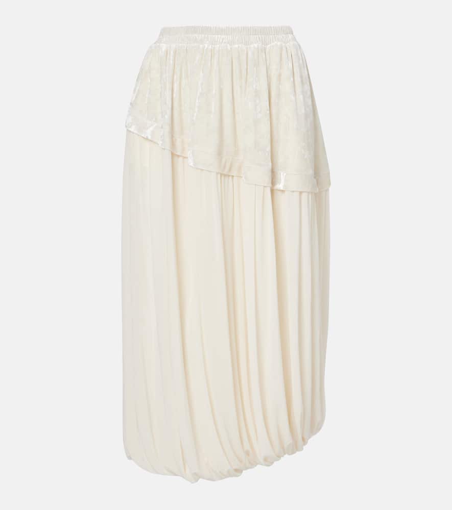 Layered velvet-trimmed midi skirt
