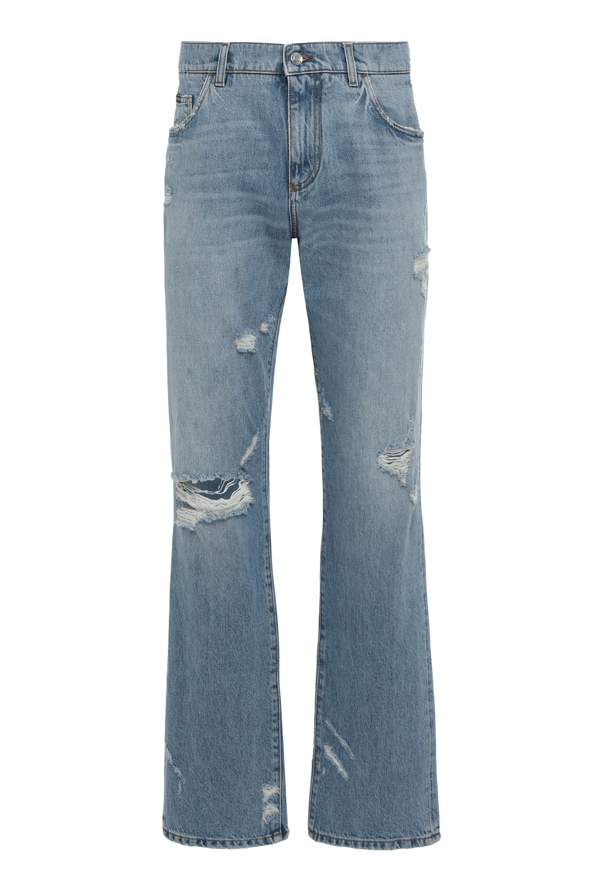 Classic Light Denim Jeans with Knee Rips, Medium-Rise Fit