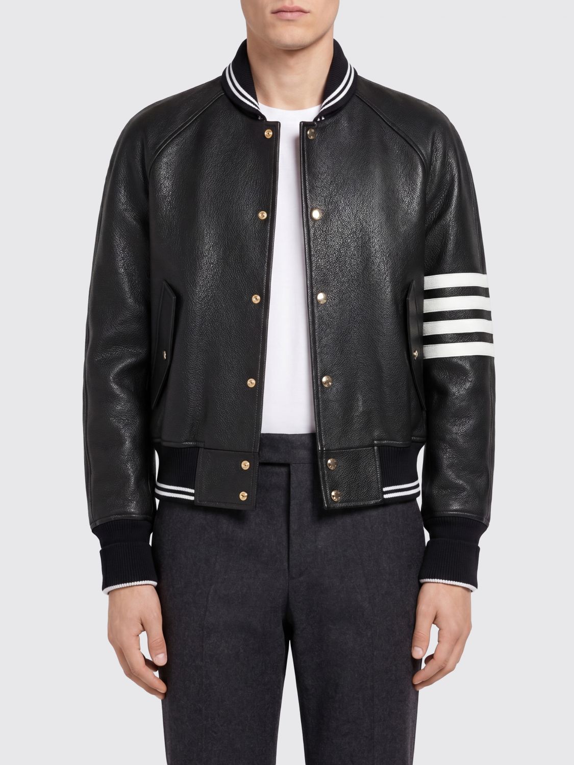 4-Bar Cotton Bomber Jacket with Leather Details
