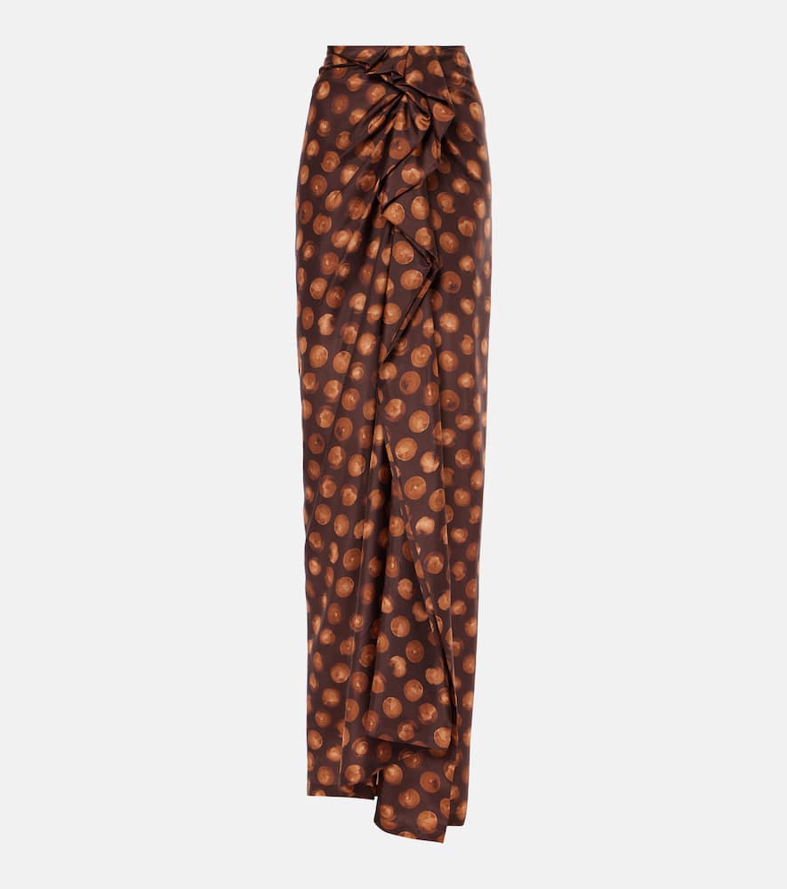 Polka-dot gathered silk maxi skirt