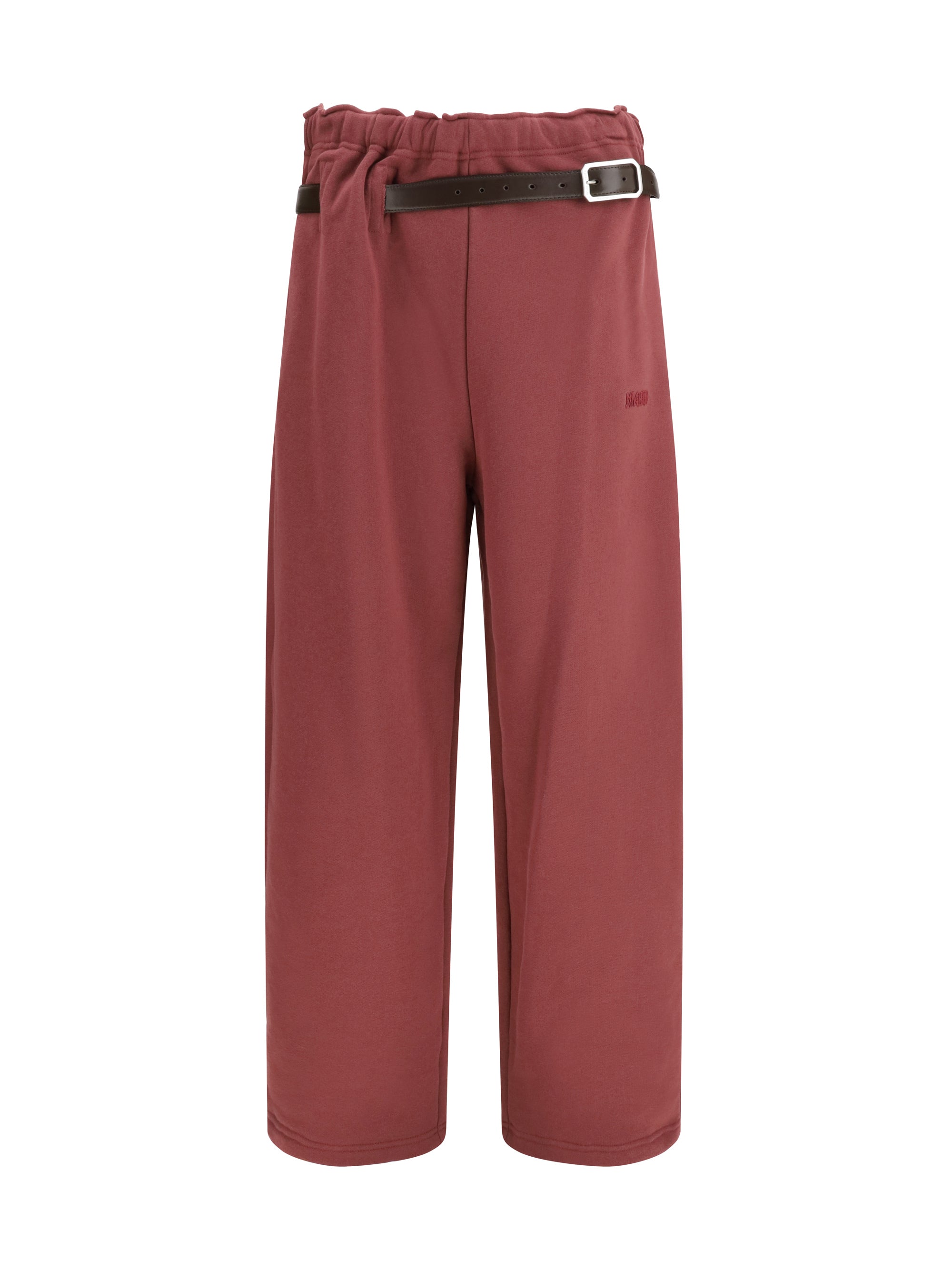 Buckle-Belt Cotton Track Pants — Red