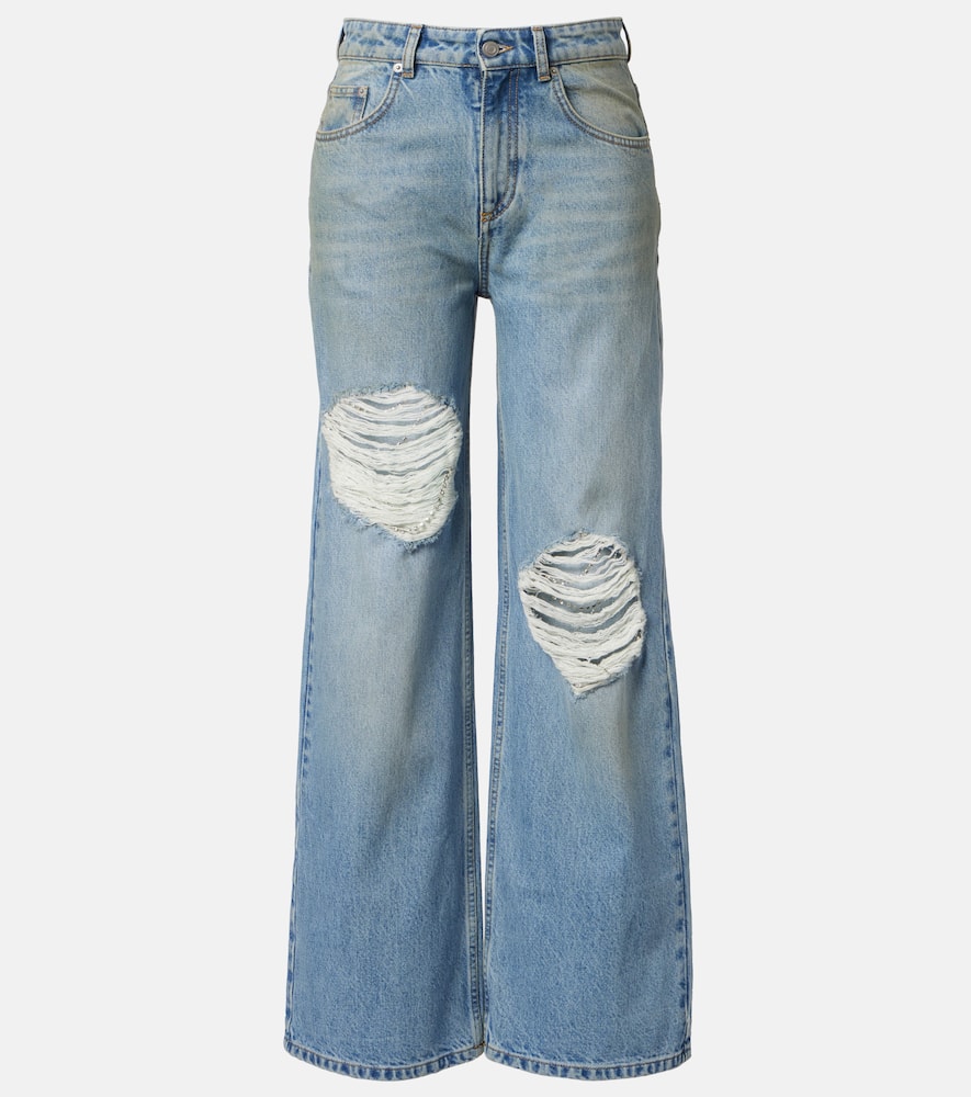 Distressed embellished wide-leg jeans
